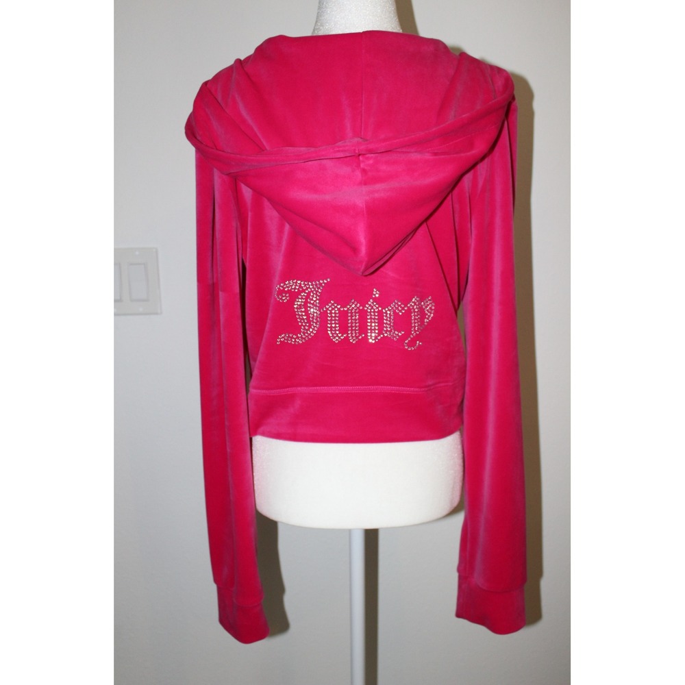 Juicy Couture Hot Pink OG Big Bling Velour Zip Hoodie‎ Rhinestone Logo XL NWOT - Picture 3 of 8